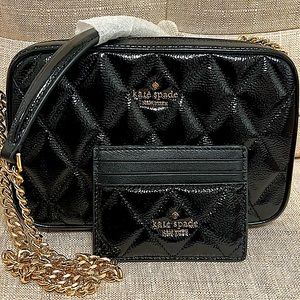 Kate Spade Quilted Black Patent Crossbody with Quilted Credit Card Case NWT